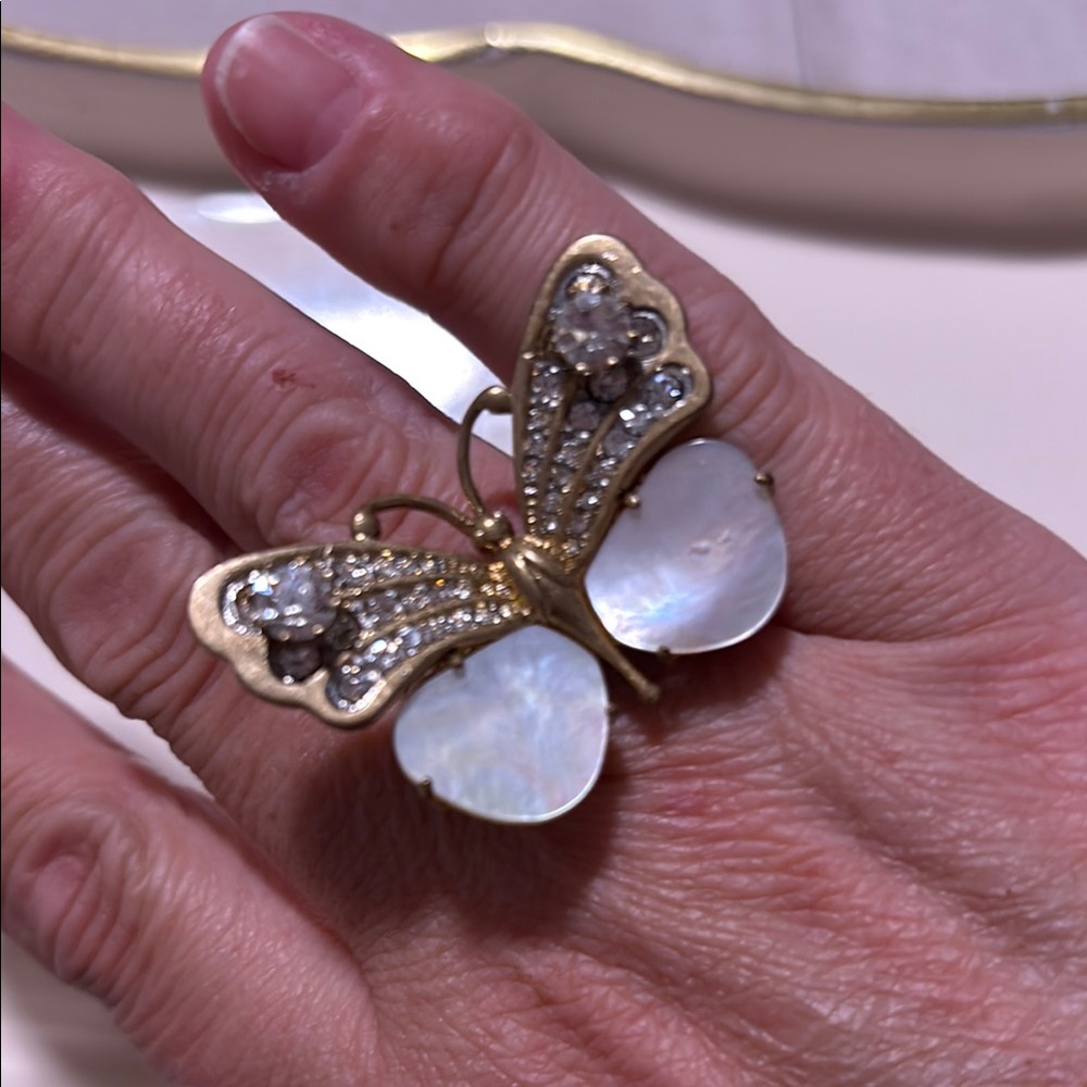 Juicy Couture Gold & Mother of Pearl Rhinestone Studded Butterfly Ring…